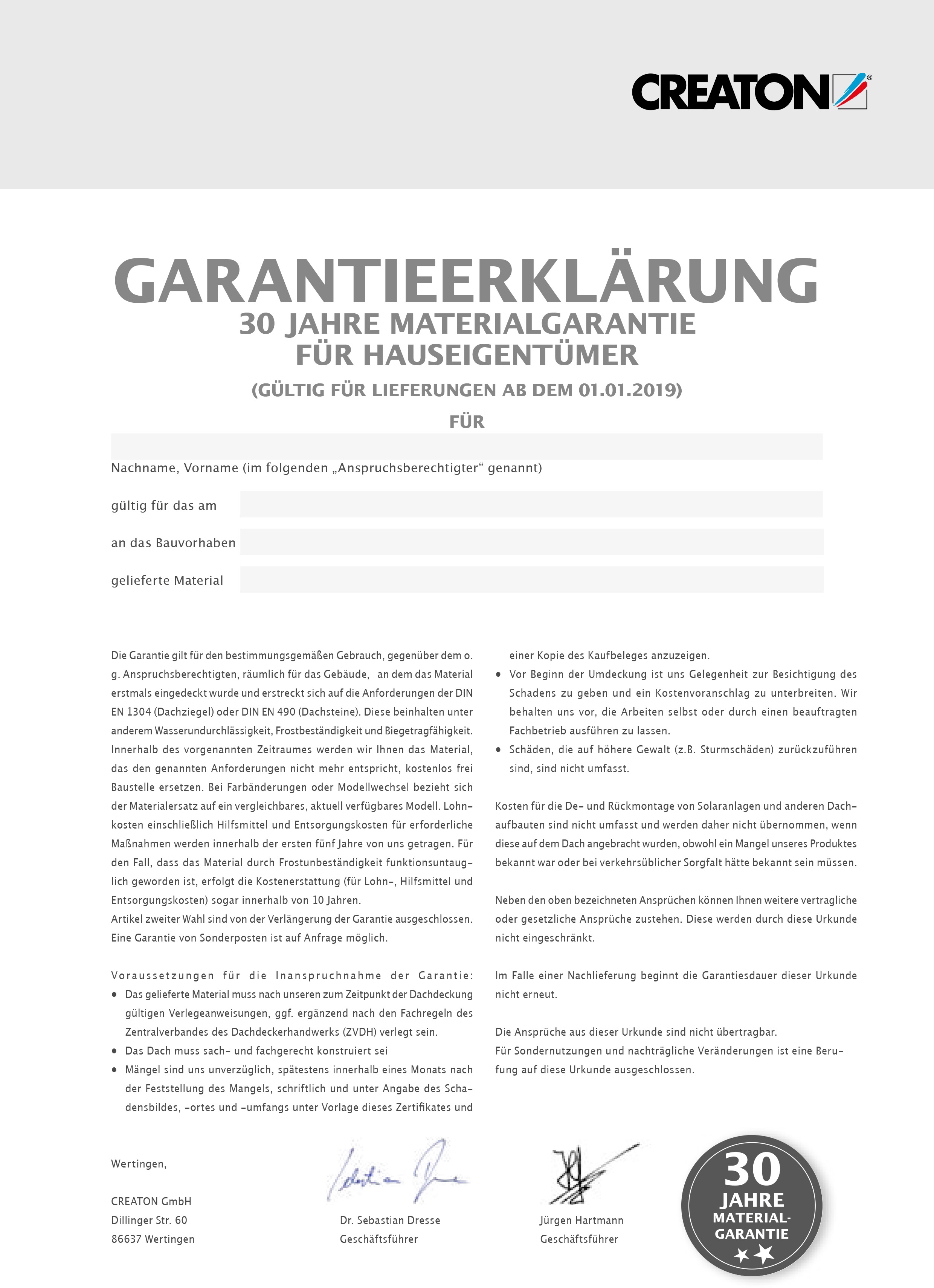 Garantieurkunde CREATON