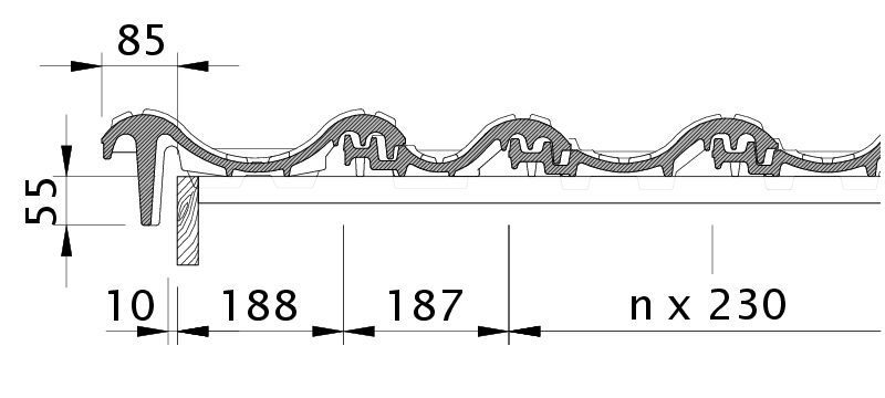 Zeichnung SINFONE Ortgangziegel links mit Ortgangbrett OBL
