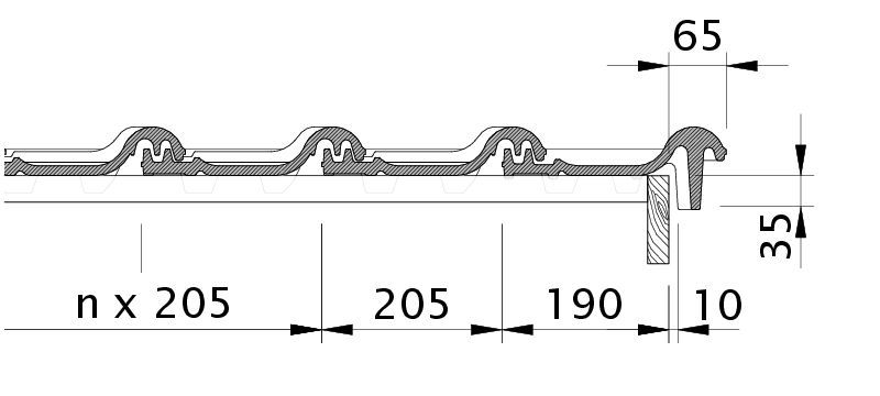 Zeichnung MZ3 Ortgangziegel rechts mit Ortgangbrett OBR
