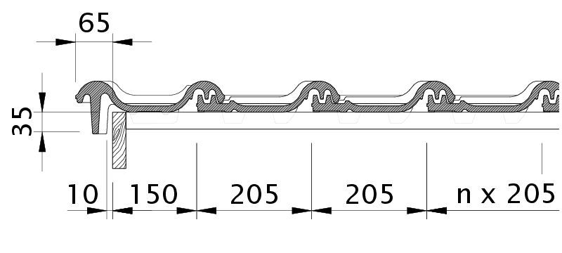 Zeichnung MZ3 Ortgangziegel links mit Ortgangbrett OBL