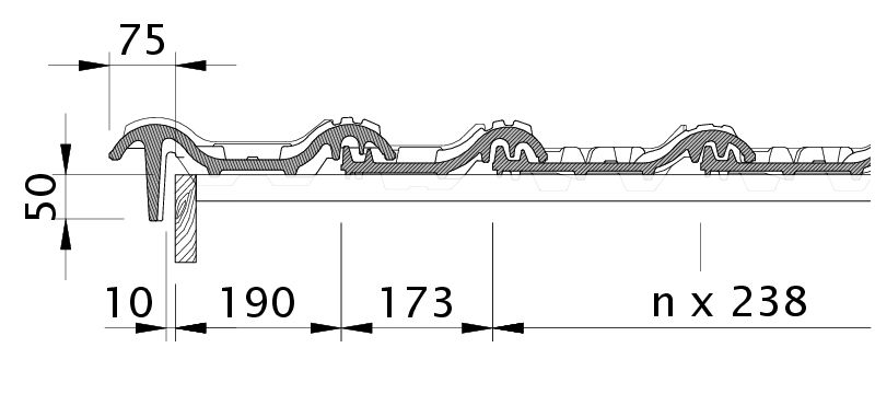 Zeichnung FUTURA Ortgangziegel links mit Ortgangbrett OBL